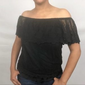 Chaser Lace Flouncy Off The‎ Shoulder Top Black